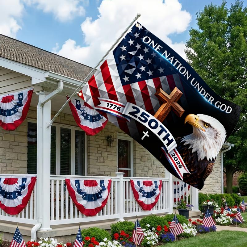 3x5 ft "One Nation Under God" 250th Anniversary American Flag, Cross and Eagle Patriot Flag, fade-resistant, 1776-2026 American Courtyard of Faith Flag