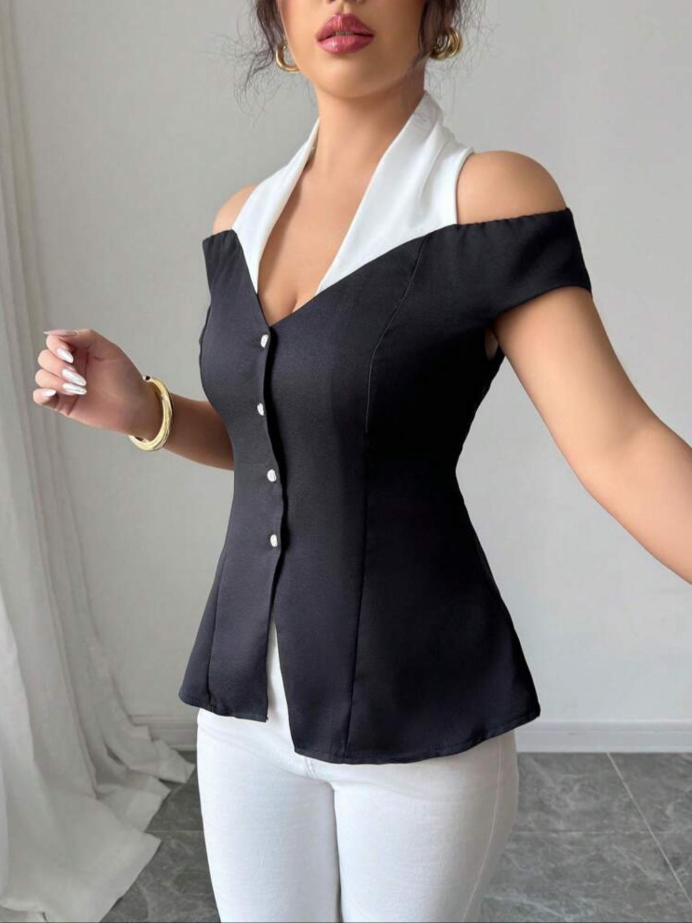 Women's Elegant Commuter Colorblock Off-Shoulder Halter Neck Top, Casual Everyday Top, womenswear, Summer Wear, Fitted, Stylish, Chic and Comfortable, Perfect for Office and Casual