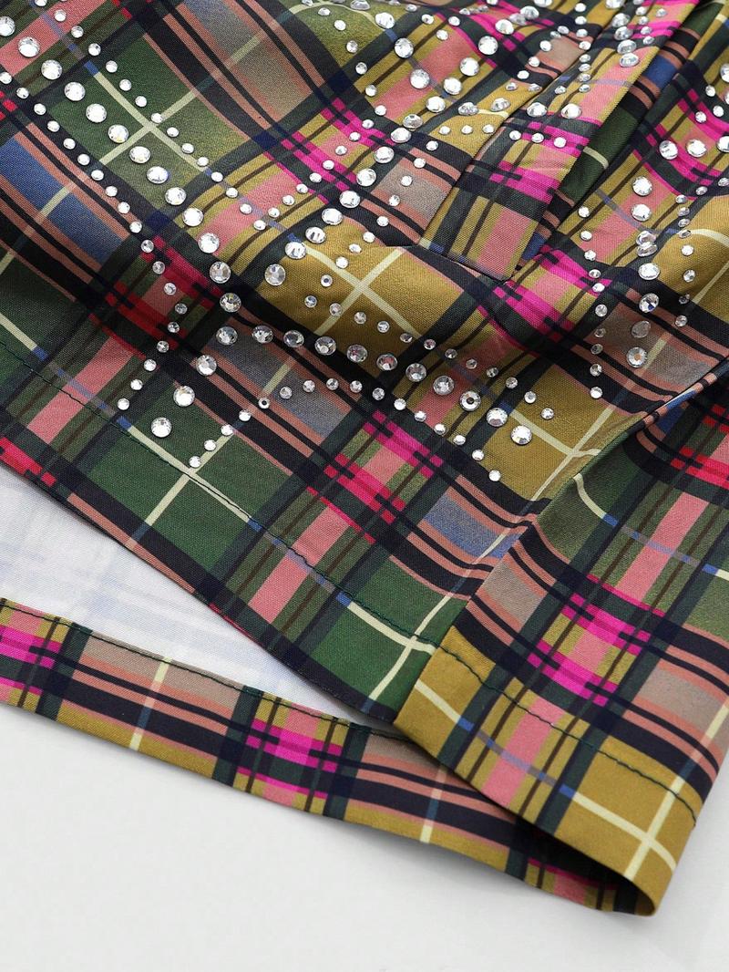 Men's Vintage Plaid Shirt with Rhinestones, Street Style Fashion, Casual Long Sleeve, Soft Comfortable Fabric, Casual Stylish Menswear Men's Vintage Plaid Shirt with Rhinestones, Street Style Fashion, Casual Long Sleeve, Soft Comfortable Fabric, Casual Stylish Menswear