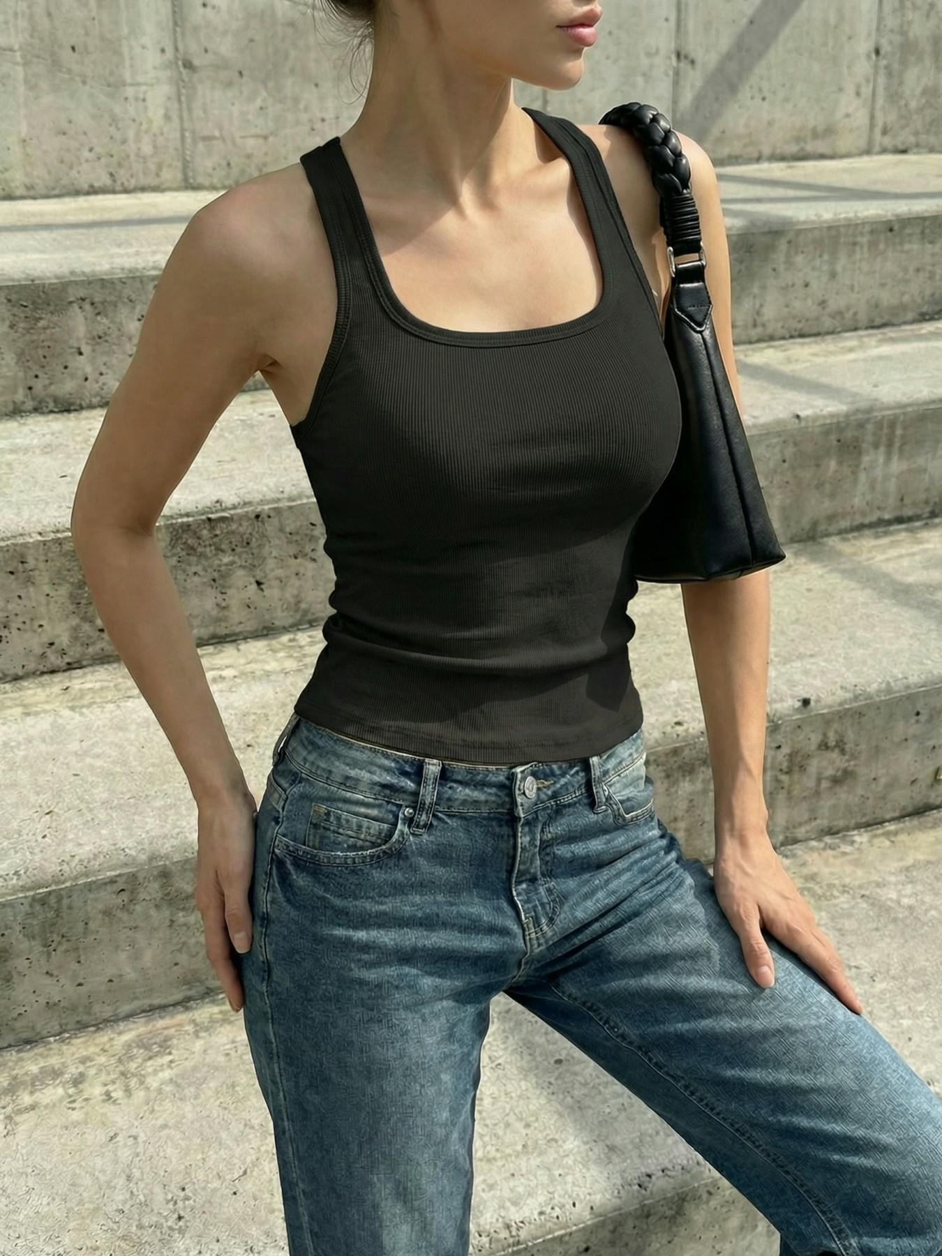 Built-in-Bra Racerback Tank Top for Women - Ribbed Square Neck Camisole, Wireless All-in-One Undershirt, Stretchy Casual Essential