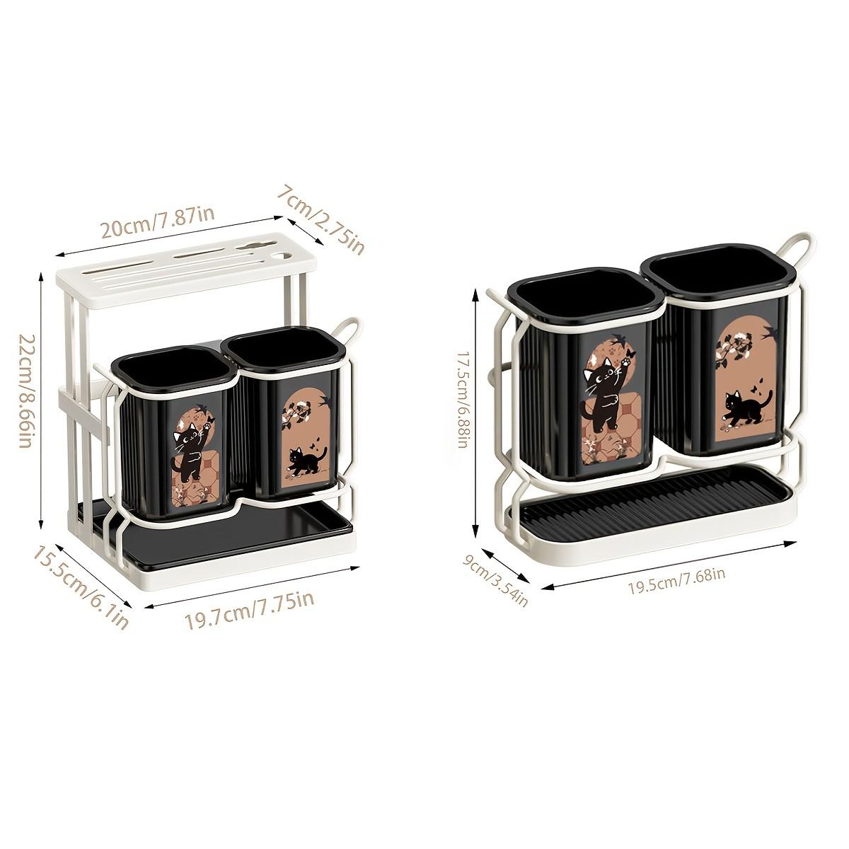 Carbon Steel Kitchen Utensil Rack with Cutters Holder, 2 Cute Cat Storage Boxes, Wall-Mounted and Countertop Storage, Detachable Tray, Durable Design