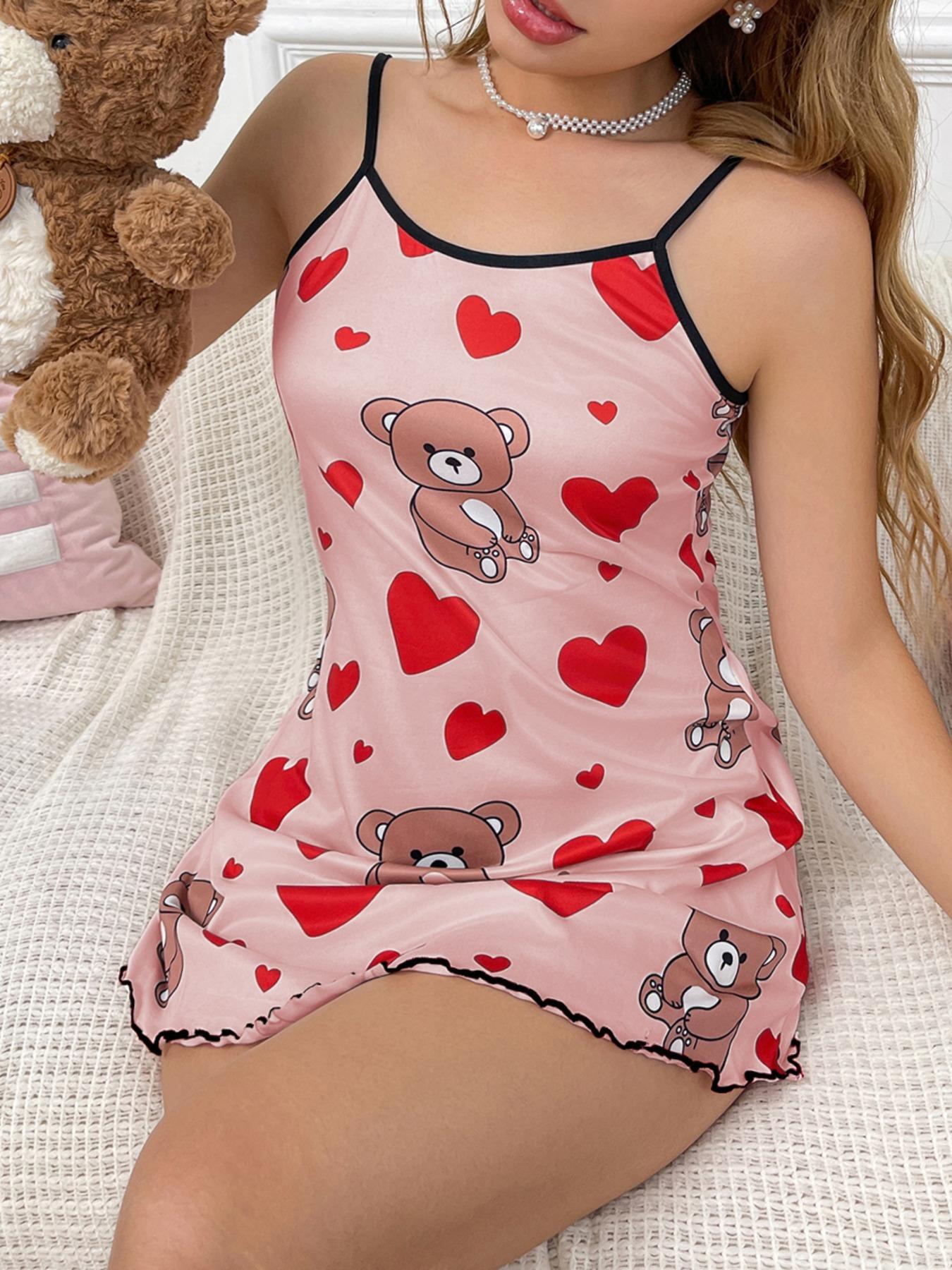 Women's Bear & Heart Print Knit Cami Nightdress, Cute Casual Slim Fit Breathable Soft Comfortable Sleeveless Spaghetti Strap Nightgown for Daily Home Wear, Women's Sleepwear, Loungewear, Spring