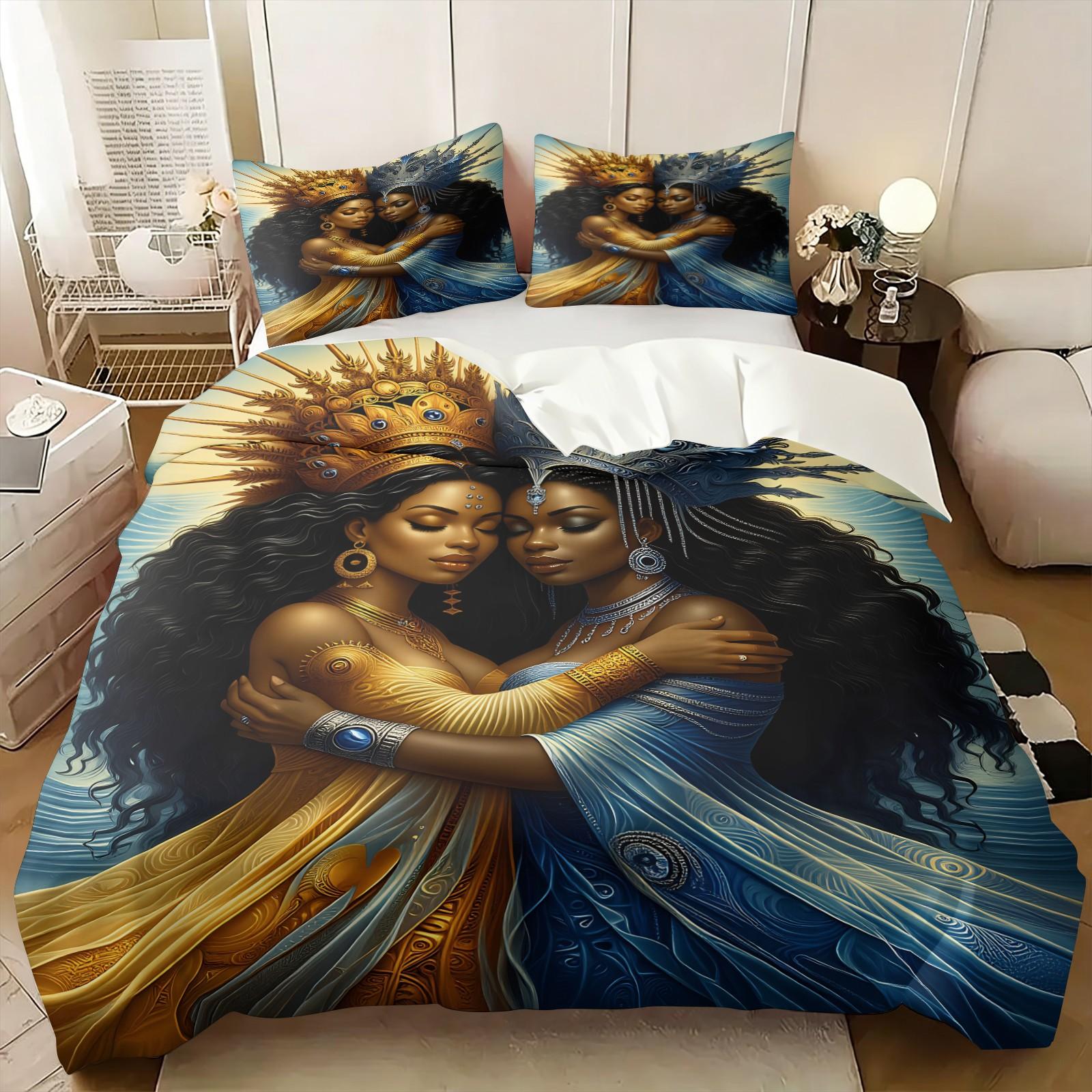 3PCS Gold Blue Black Goddess Hug Duvet Cover Set (1 Duvet Cover + 1-2 Coreless Pillowcases), African Queen Crown Art Print, Skin-Friendly Soft Comfy All Seasons Summer Vibes Artistic Print Bedding Set, Ideal for Bedroom Dorm Decor, Printed Bedding Set