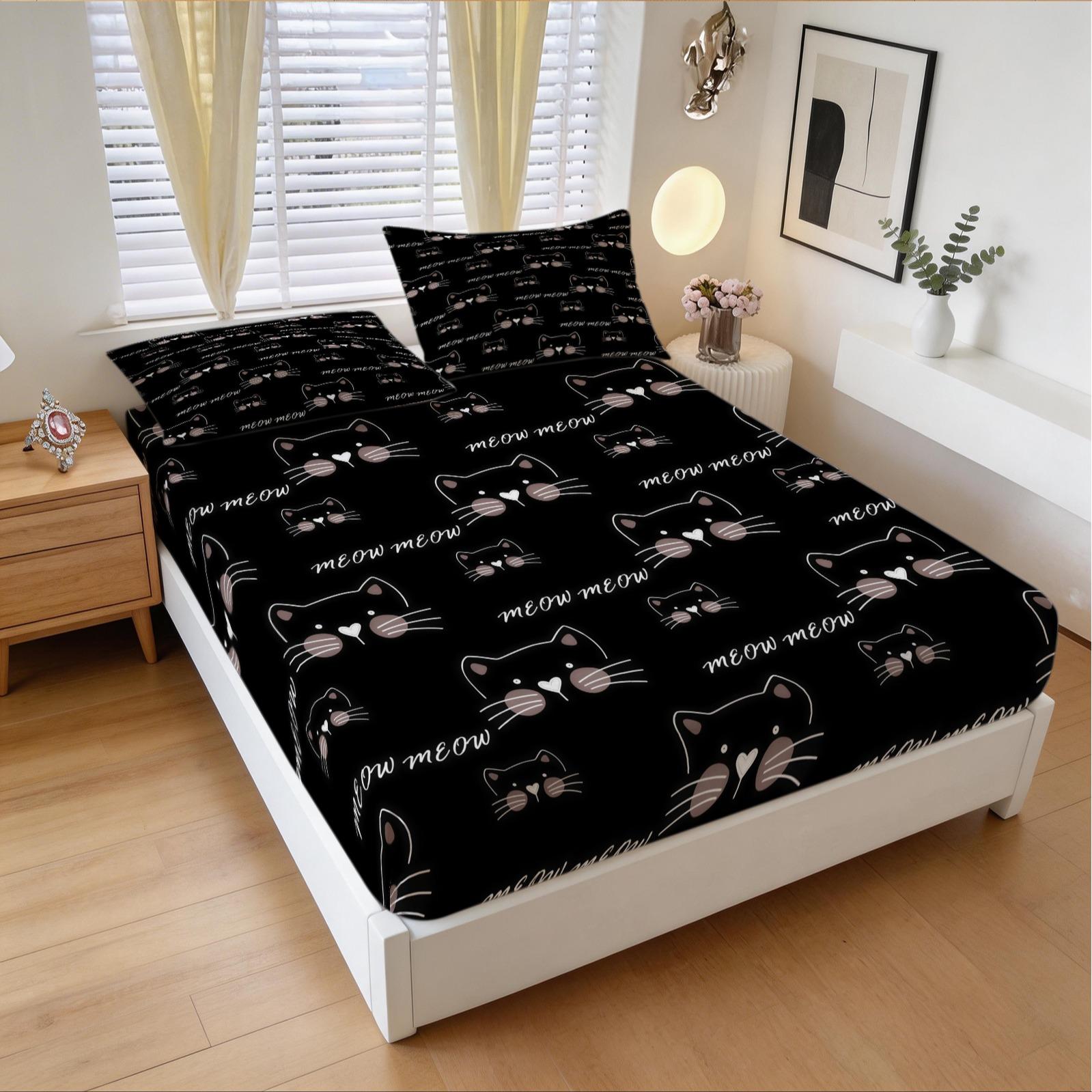 3 Piece Cute Cartoon Cat Fitted Sheet Set, 1 Fitted Sheet + 2 Pillowcases, Soft Skin-Friendly Kawaii Cat Meow Print Bedding, Ideal Gift for Cat Lovers Women Girls Teens Kids