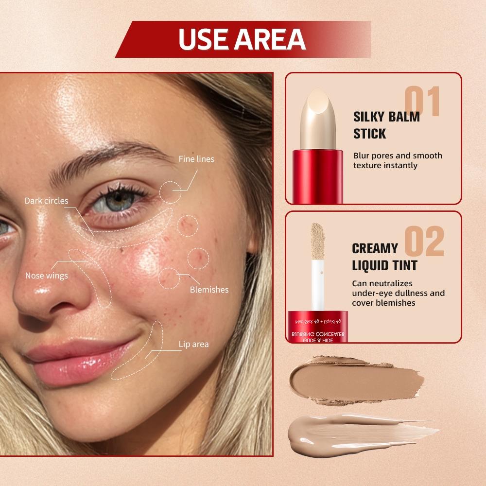 Long-lasting Glide&Hide Blurring Concealer, Concealer Foundation Hybrid, High-Coverage Concealer, Conceals Dark Circles and Wrinkles, Dual formula Including Liquid Tip & Balm Stick, Waterproof & Sweatproof, Smoothes & Brightens, Travel-Friendly Cosmetics