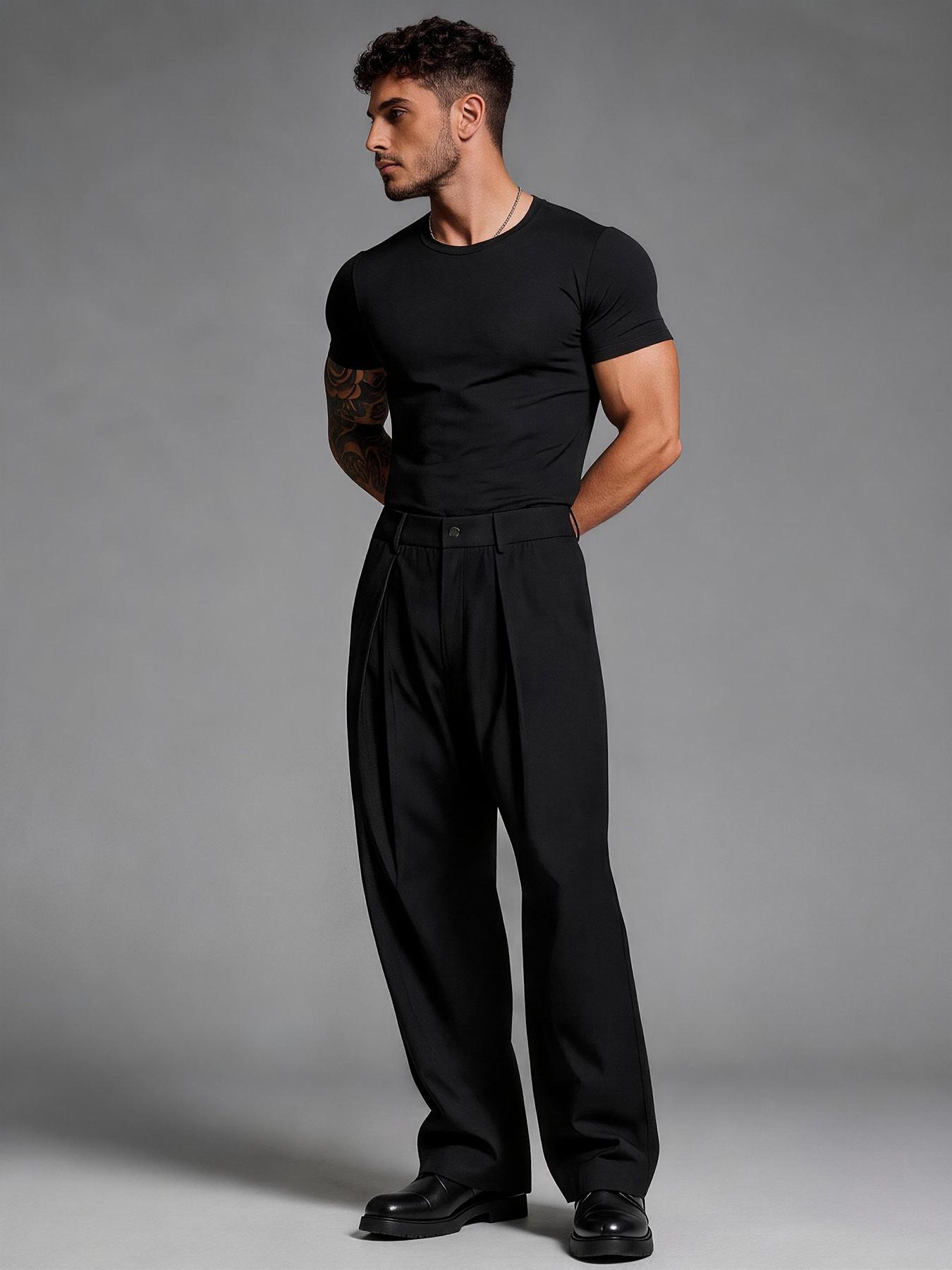 Men's High Waist Pleated Wide Leg Dress Pants, Casual Straight Leg Trousers with Button Detail, Relaxed Fit Business & Streetwear Pants for Men, Menswear