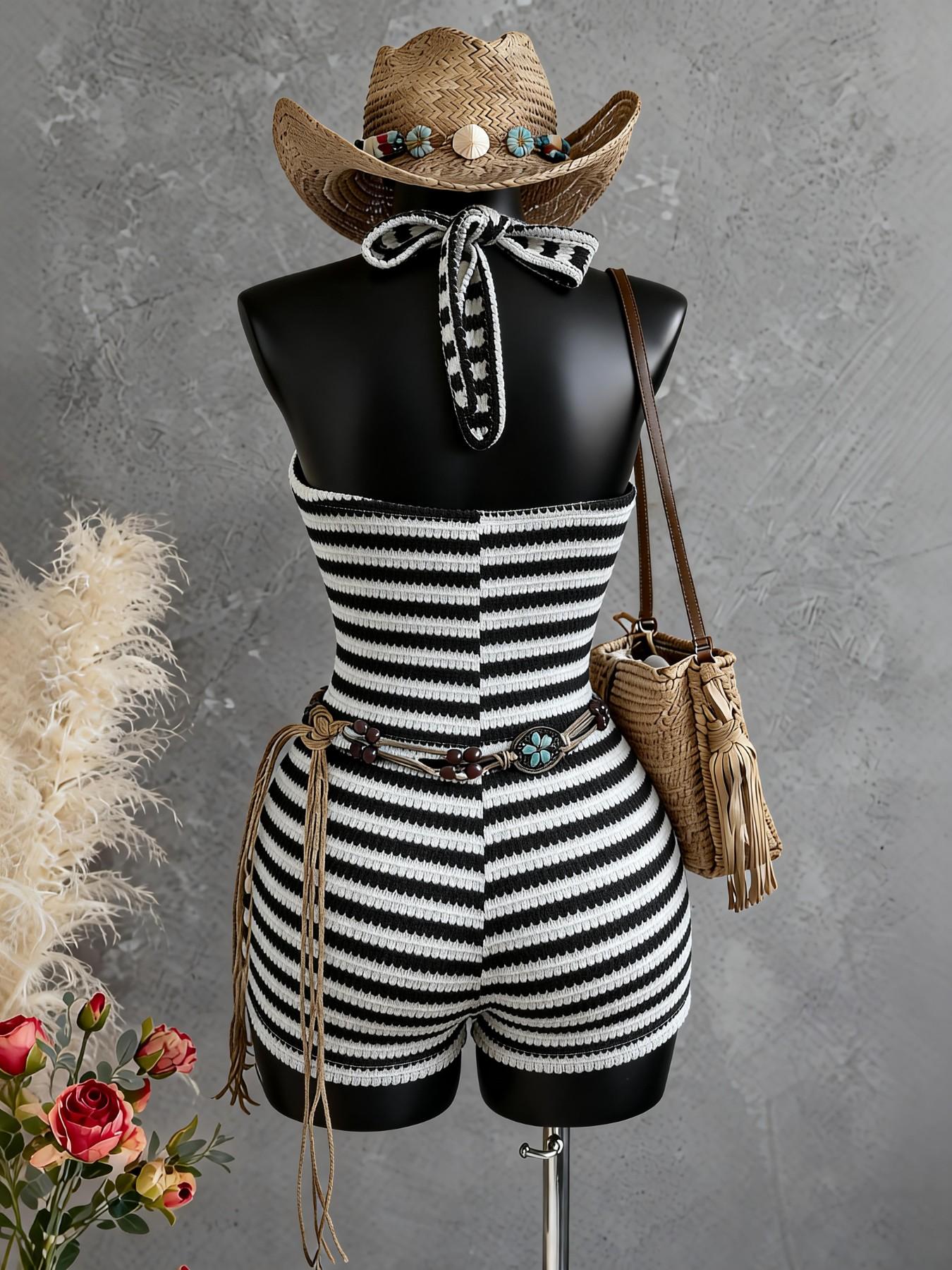 Fashion Women's Knitted Jacquard Halter V-Neck Casual Comfy Jumpsuit, Versatile Daily Fashion, Stylish All-Season Wear