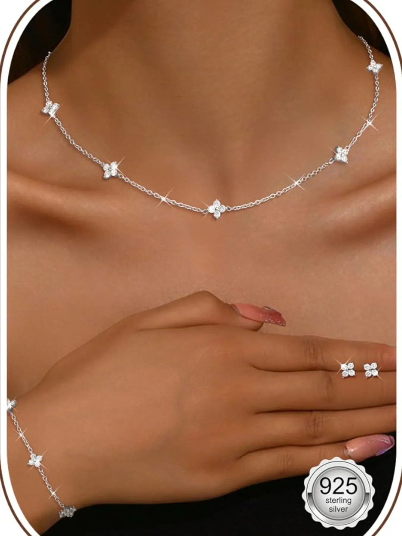 925 Sterling Silver Necklace for Women Stud Earrings Gold Bracelet Set Adjustable Choker Necklace Link Chain with Cute Cubic Zirconia Dainty Wedding Brides Elegant Jewelry Set Jewellery Gift Set