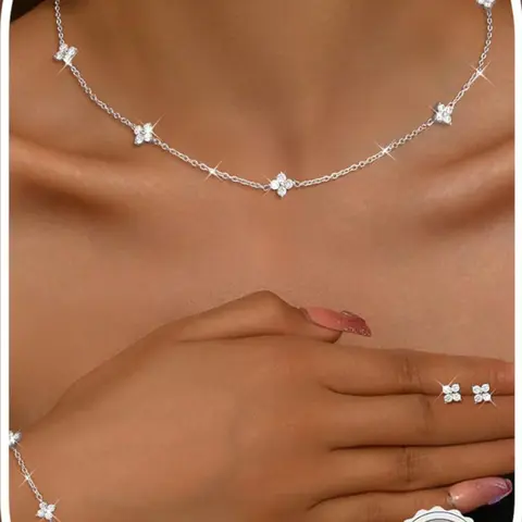 925 Sterling Silver Necklace for Women Stud Earrings Gold Bracelet Set Adjustable Choker Necklace Link Chain with Cute Cubic Zirconia Dainty Elegant Jewelry Set Wedding Brides Jewelry Set