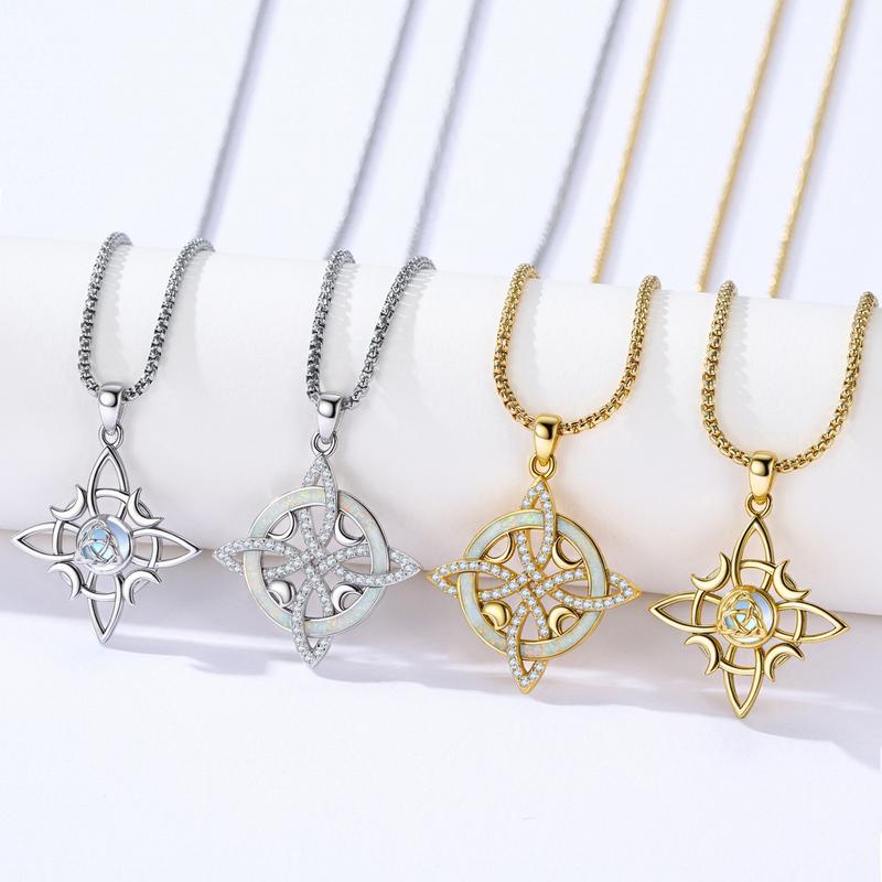 DRINSPER S925 Witch‘s Knot Necklace with Moonstone Celtic Knot 925 Sterling Silver Witches Knot Pendant Wicca Moon Irish Celtic Triple Moon Trinity Knot Design, Protection Mysticism Amulet Jewelry Accessories Gift for Girls Women TikTokShopBlackFriday