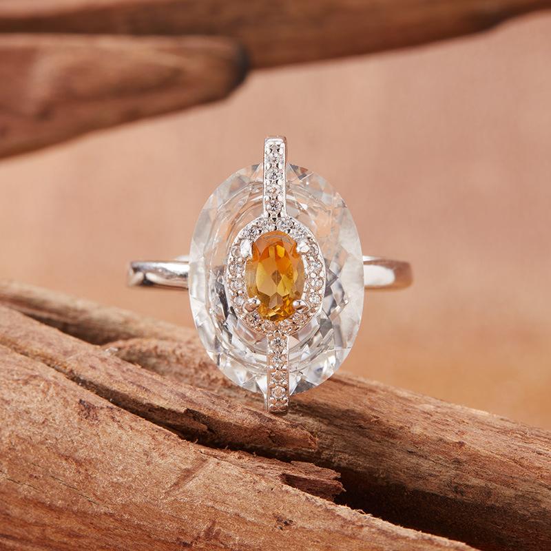 S925 Sterling Silver Natural Citrine & Clear Quartz Rings for Women – Minimalist Index Finger Band, Light Luxury Statement Jewelry