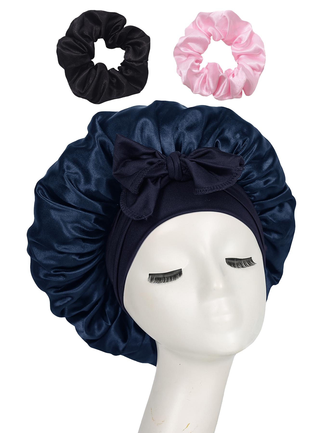 Women's Adjustable Satin Bonnet with Tie, Soft Breathable Sleep Cap, Fashionable Plain Color, Comfortable Hair Protection Hat + 2 Silk Hair Ties