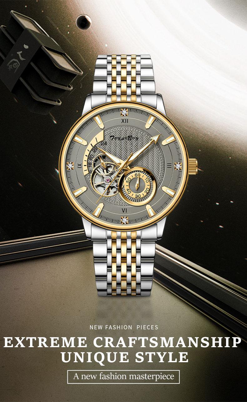 TINAIBIN Men's Diamond Business Formal Pointer Automatic Mechanical Watch Stainless Steel Waterproof Luminous Two-color Luxury Casual Watch