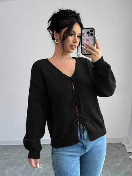 Women's Loose-Fit Shoulder Strap Sweater Cardigan, Solid Butterfly Knot Design, Casual Long Sleeve V Neck Knitwear for Spring & Fall
