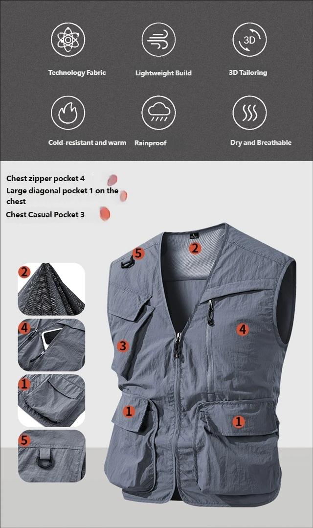 Vest Jacket Man Multi Pocket Hiking Jacket Travel Fishing Outdoor Tactical Photographer Waistcoat Mesh Cargo Sleeveless Coat