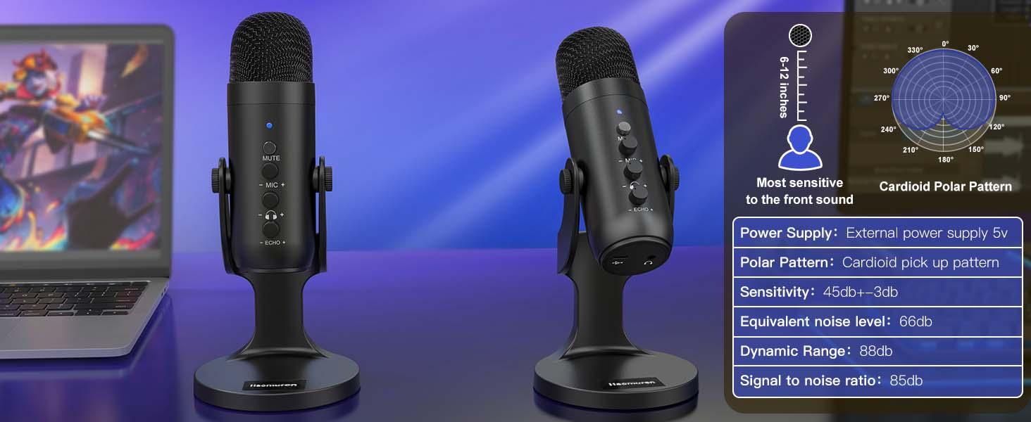 Haomuren K66 USB Condenser Microphone[No Lightning adapter],Computer PC Gaming Mic,Plug&Play Microphones for PS 4&5.Monitor Adjust&Volume Control,Mic Gain Control,Mute Button for TikTok,YouTube Podcast on Mac&Windows, gift for festival Audio Black