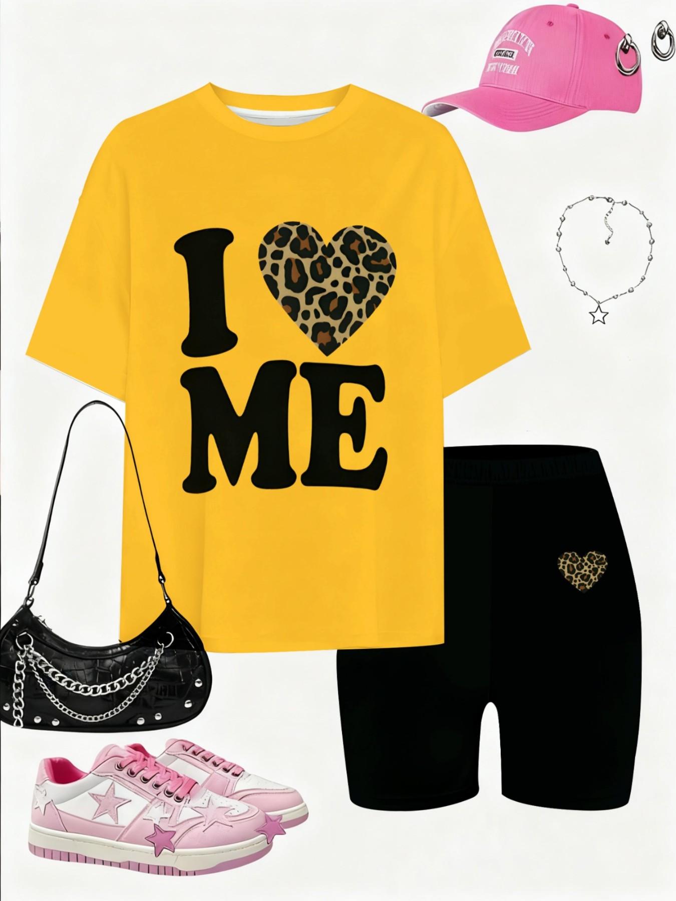 Girls Bright Yellow I ❤️ ME Leopard Heart Print Short Sleeve Set Summer Streetwear Kids Casual 2Pcs