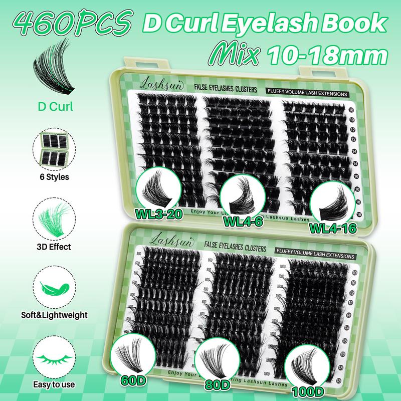 1450/640/460/350 PCS D Curl Lash Clusters Kit, 11 Styles Cat Volume Spikes and 3D Effect Lashes Eyelash Extensions with Bond and Seal Remover Applicator Headband and Wristband, Suitbale for Easy DIY Makeup at Home
