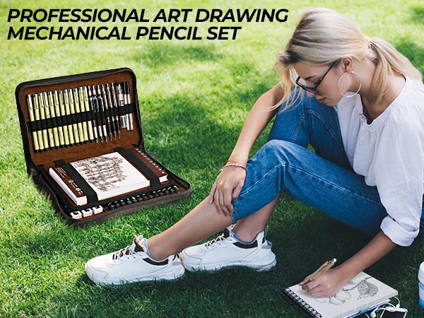 Nicpro 58 PCS Art Drawing Supplies Kit in Leather Case, Art Mechanical Pencil Set with Metal Drafting Pencil  0.5 & 0.7 & 0.9 & 2mm, 12 Micron Pen, Sketch Book, 30 Tube Lead Refills for Sketching