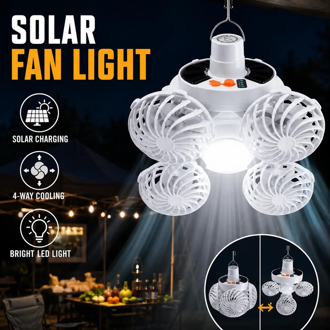 Solar Powered Hanging Fan Light with 4 Foldable Fan Heads, Bright LED Lamp and Type-C Charging for Camping & Outdoor Use