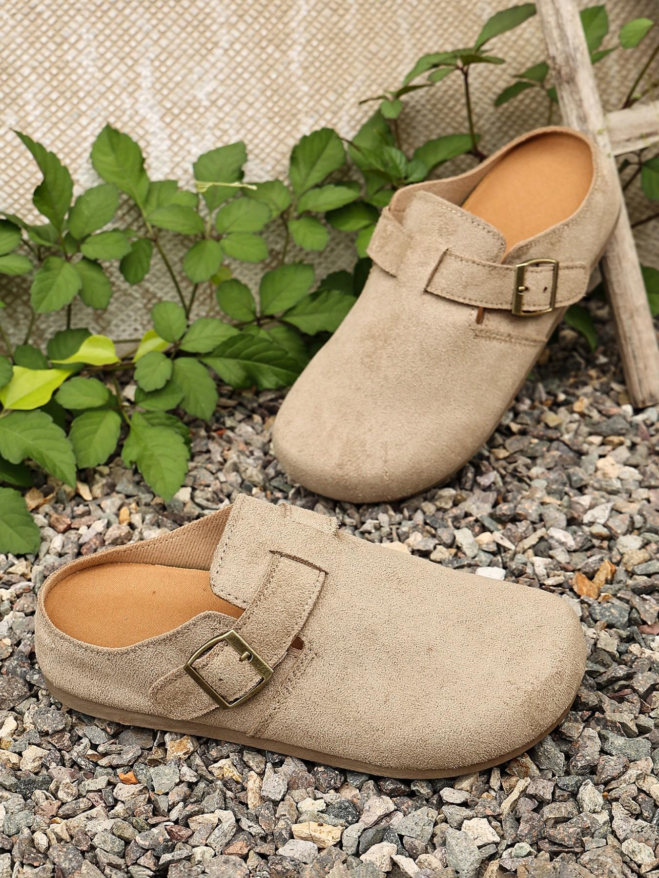 Women's 2026 Spring Summer New Velvet Slip-On Shoes, Wide Fit Comfortable Casual Flat Thick Soled Mules, Adjustable Antique Brass Buckle, Non-Slip Thick Sole