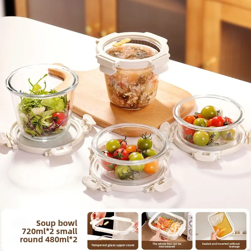 4pcs Glass Lunch Box Set with Compartments Microwave Safe Food Container Meal Prep Glass Containers with Lids Bento Box for Office Workers Leakproof Lunch Container for Men Women
