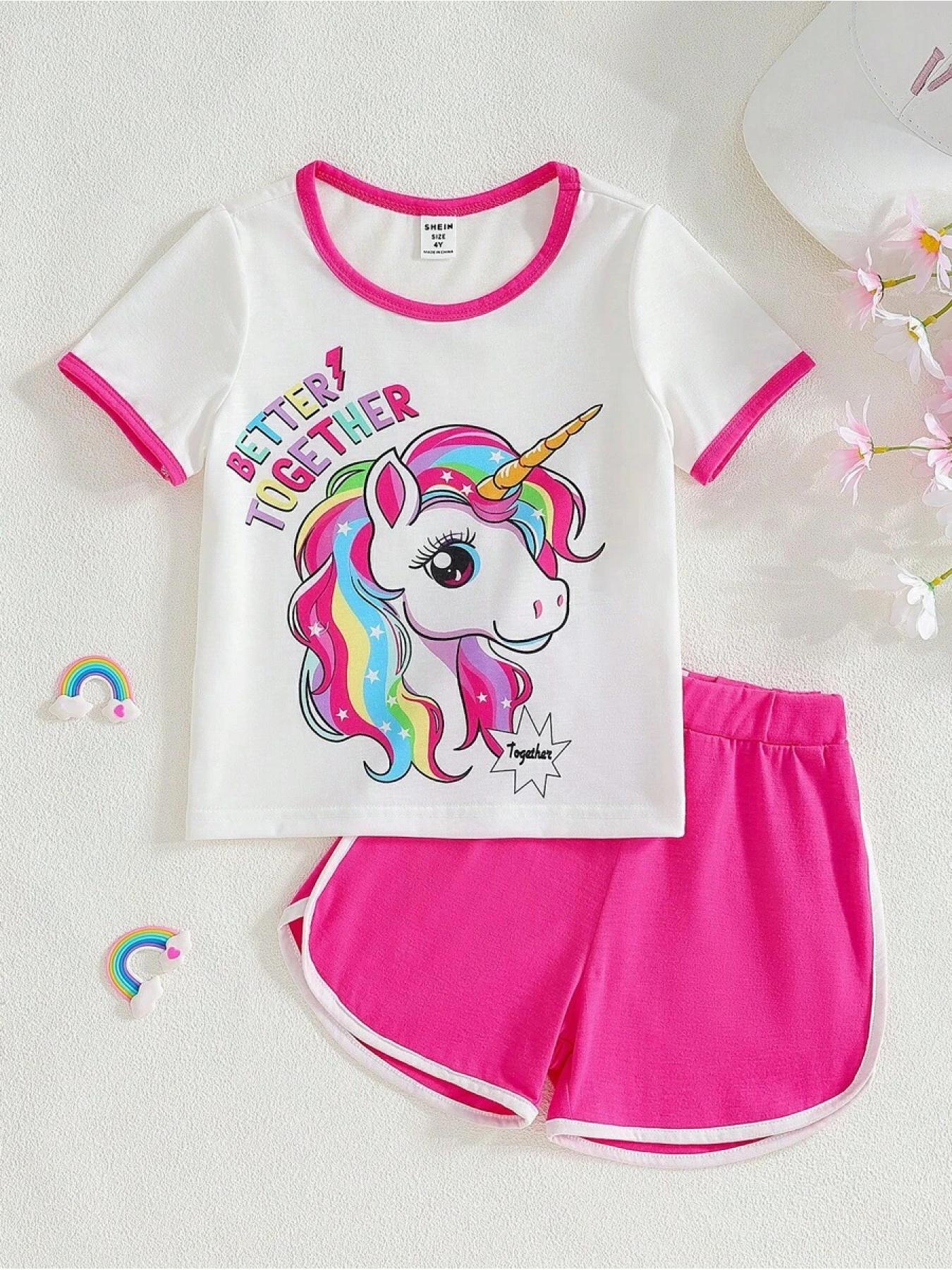 2pcs/Set Young Girls Colorful Unicorn & English Print Round Neck Short Sleeve T-Shirt And Elastic Waist Loose Shorts, Casual & Sports Outfit For Summer, School, Campus, College