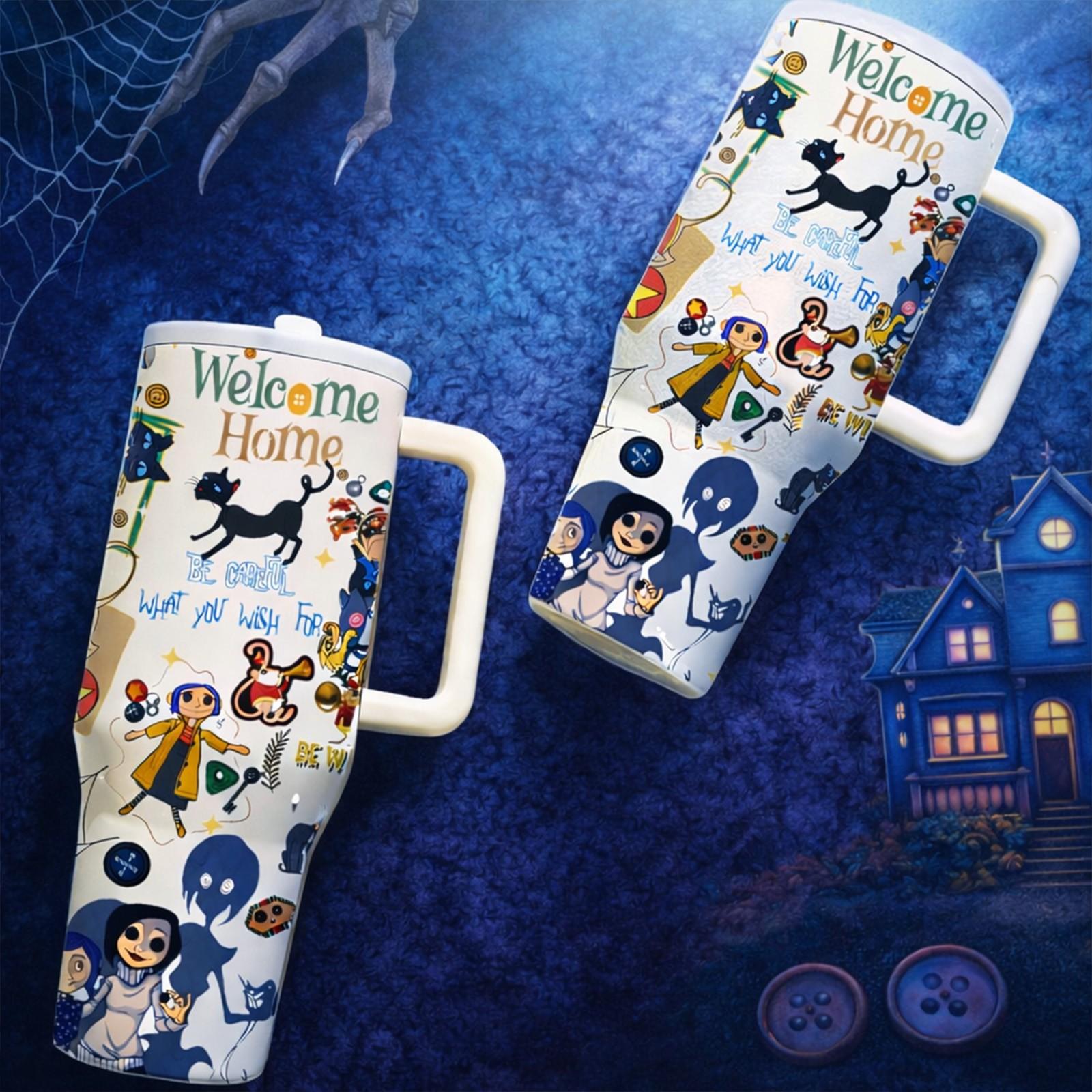 1 Pc 40ozYellow Raincoat Girl Insulated Tumbler With Handle And Lid, Cute Dark Fantasy Cartoon Design, Double Wall Stainless Steel Travel Mug For Hot Cold Drinks, Leak Proof Large Capacity Cup, Aesthetic Gift For Fans, Home Office Daily Use