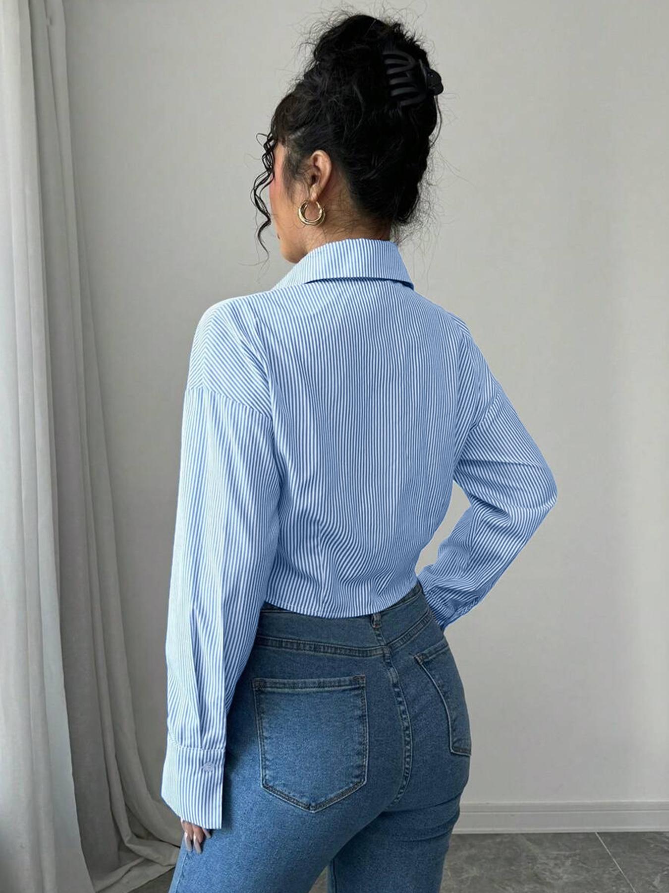 Elegant Women's Long Sleeve Shirt, Spring & Fall Fashion, Single Button Design, Wrinkled Hem, Striped Pattern, Versatile Top, Blouse