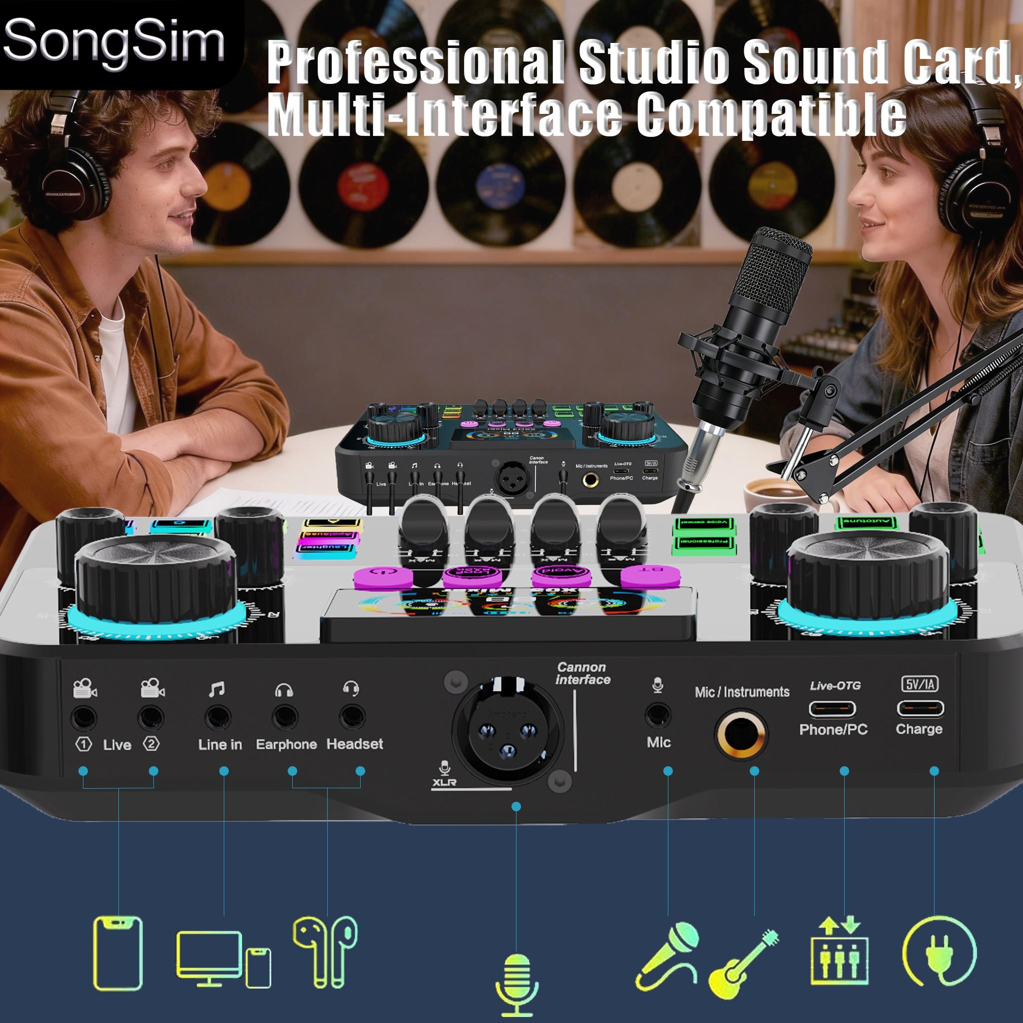 Professional Podcast Voice Changer Kit, Includes Microphone and Stand, 3 Channel Audio Input, OTG/USB Output, Suitable for Voicing, Speaking, Singing