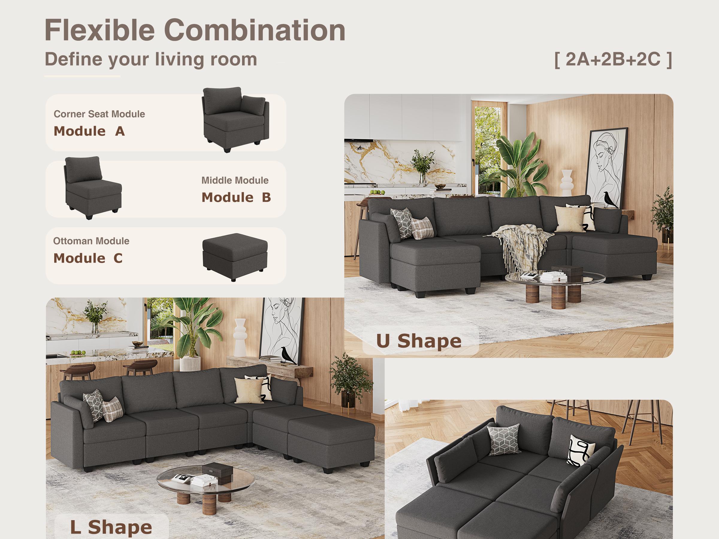 【4 Packages】114.17" Modular Sectional Sofa, 6 Seat Modular Couch with Storage, Memory Foam, Convertible Sectional Couches for Living Room, U Shaped Comfy Modular Sofa with Chaise