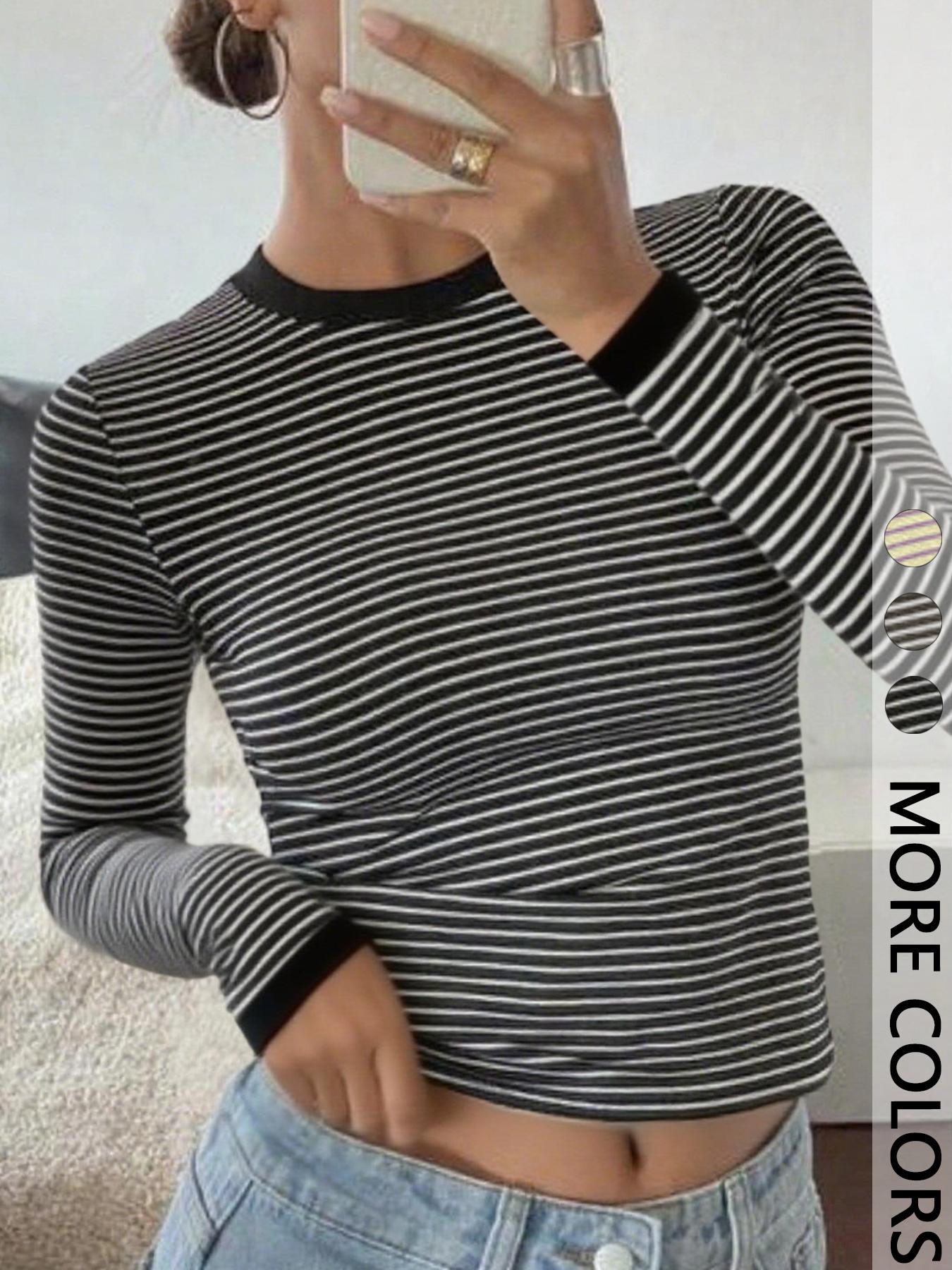Women's Striped Slim-Fit Long Sleeve Casual Spring Summer Top, Stylish Plain Fashion Tee for Daily Wear, Comfortable & Trendy Design