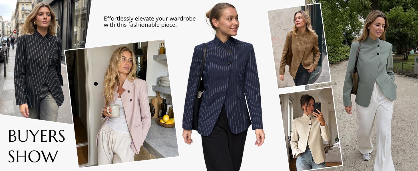 Cicy Bell Women's Casual Stand Collar Blazer Trendy Button Suit Jacket | Open Cross Front, Long Sleeve, Work Office, Business Coat