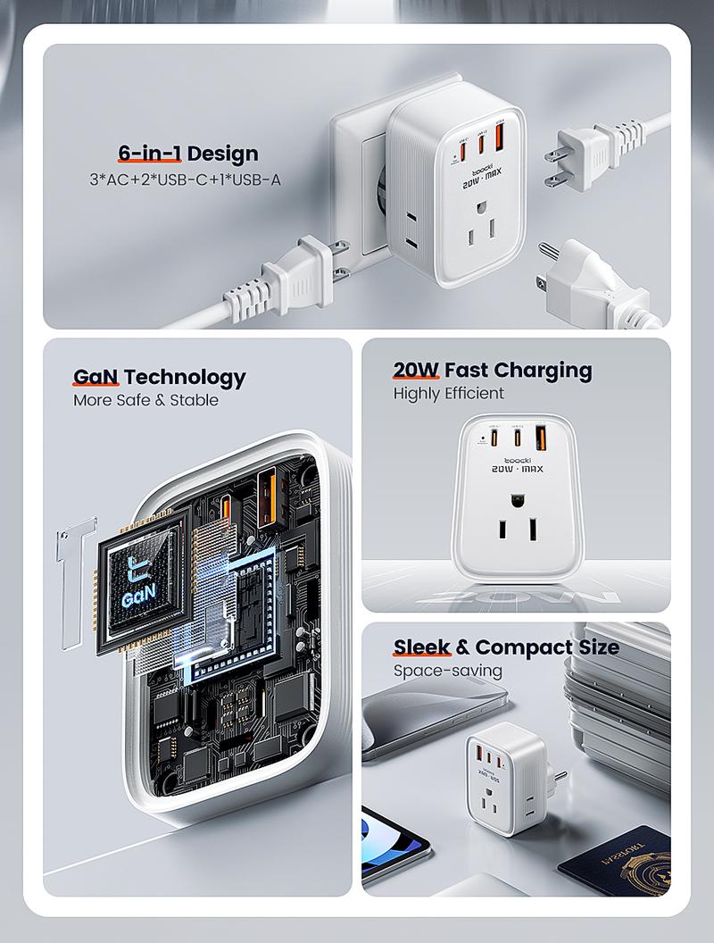 USA to Europe International Plug Adapter, Toocki Travel Adapter, (Single C port 20W Max, USB-A port 18W Max) with 3 AC, 2 USB-C, and 1 USB-A Port, Ideal for iPhone 15, iPad Air, and More,for USA to EU Germany France Iceland Italy  Greece fast charge