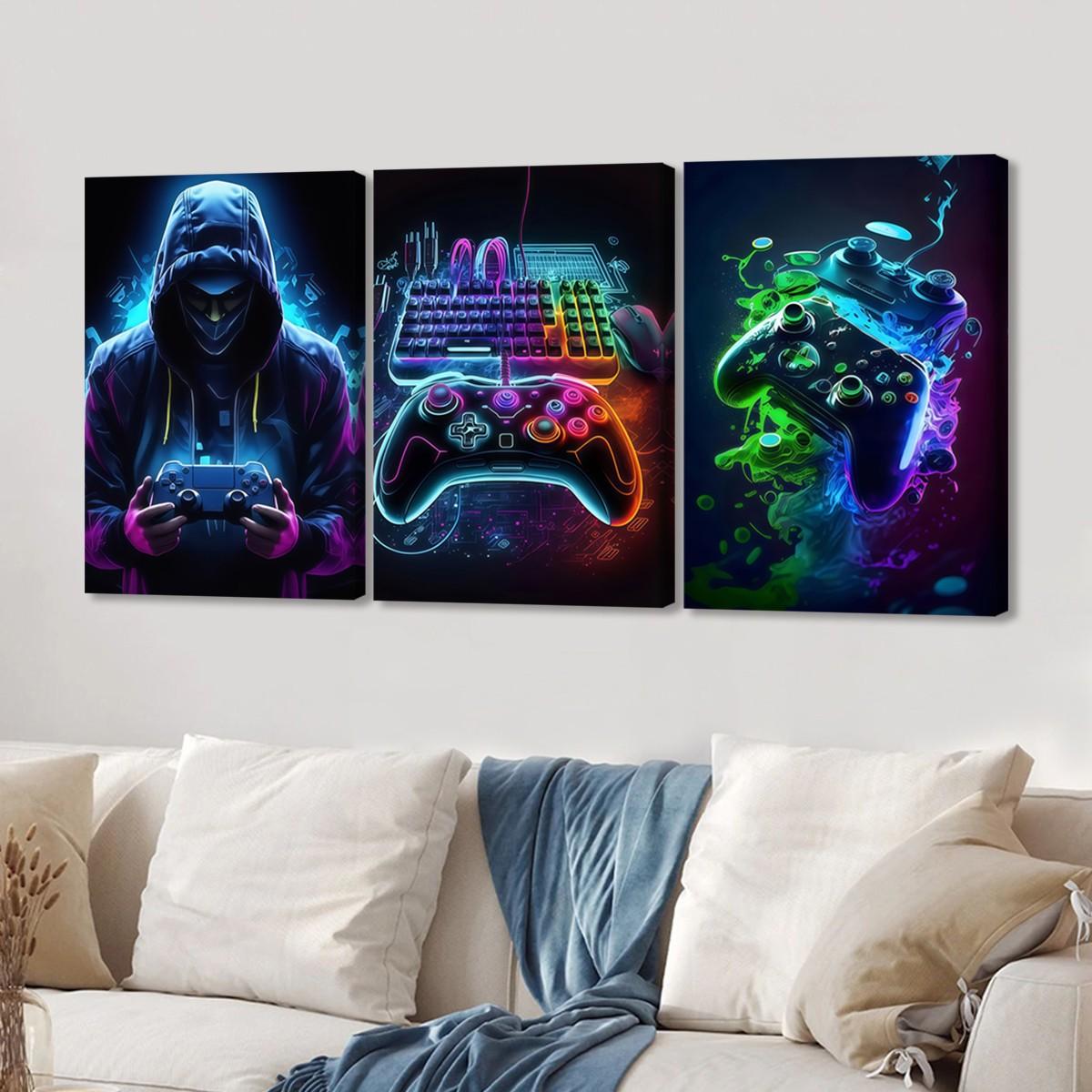 3-Pack Wood Frame Canvas Art, Neon Game Controller Wall Decor, Modern Home Decoration, Waterproof Odorless, Living Room Bedroom Office
