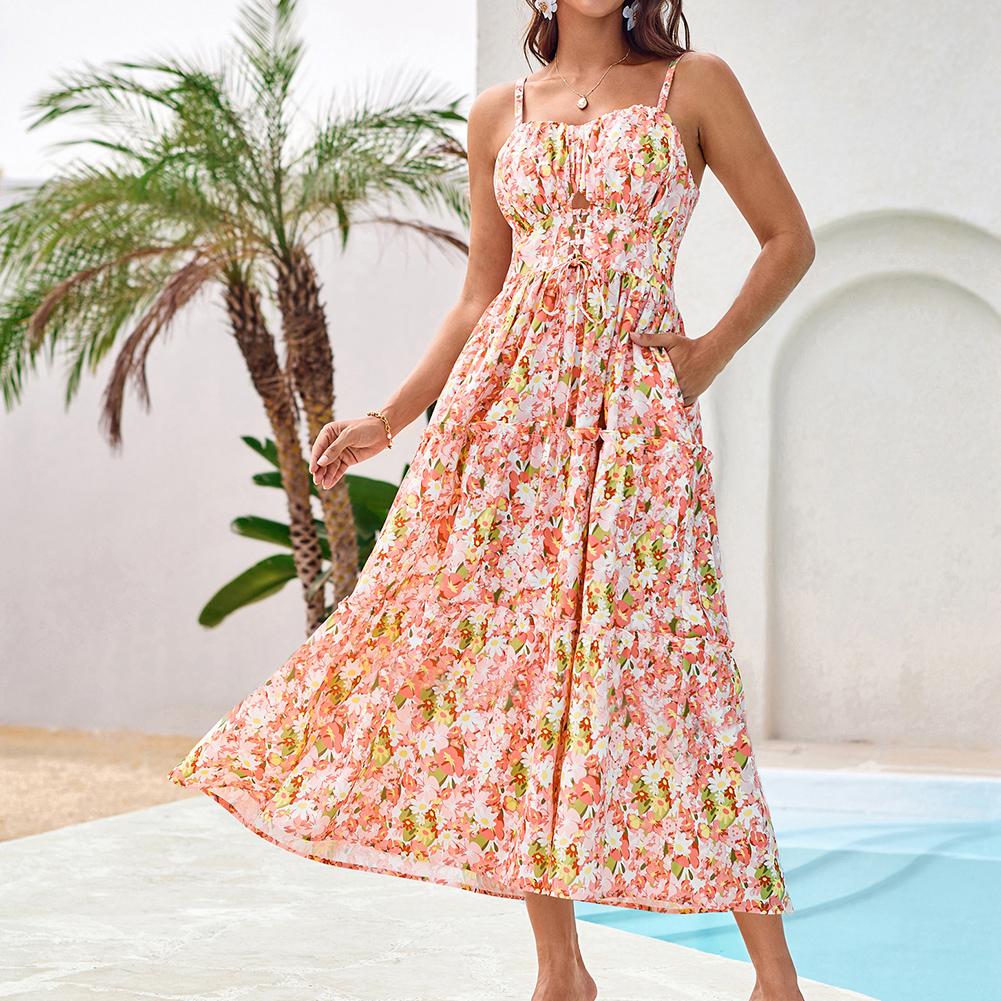 【Valentine's Day Limited】Grace Karin GRACE KARIN Women's Summer Floral Dress Spaghetti Strap Smocked Tiered Casual Boho Maxi Long Sundress with Pockets