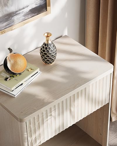Bedside Nightstand with Drawers and Open Shelves, Rounded Corner Side Table with Cable Management, Modern Minimalist Bedside Cabinet for Bedroom Living Room, Perfect for Lamp Books Remote and Daily Essentials Storage