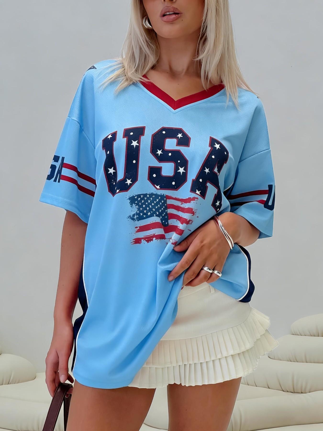 Women USA American Flag Striped Graphic V Neck Sleeves Lightweight Jersey Loose Fitting Irregular Hem T Shirt Y2K Independence Day Casual Summer Top