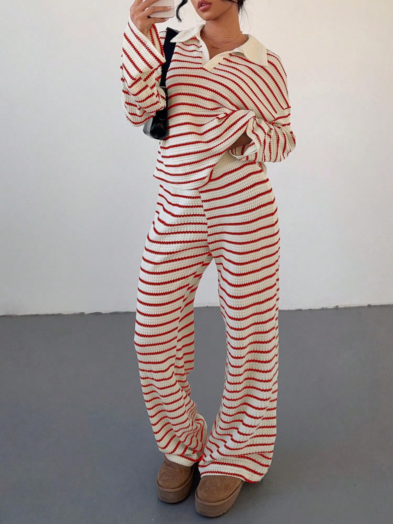 2-piece women's loose striped V-neck dropped shoulder long-sleeved T-shirt and elastic waist striped pants autumn and winter knitted suit