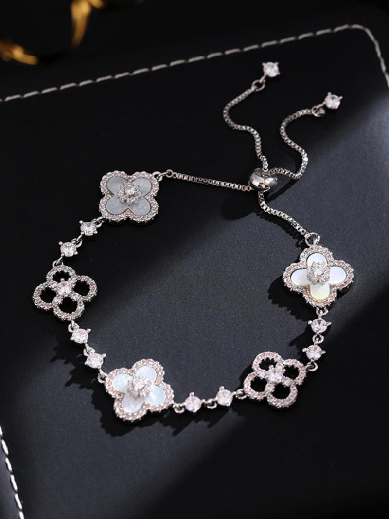 Women's Four-Leaf Clover Bracelet with Sparkling Quartz, Adjustable Allergy-Free Waterproof Design, Rose Option Available, Flower Design Bracelet