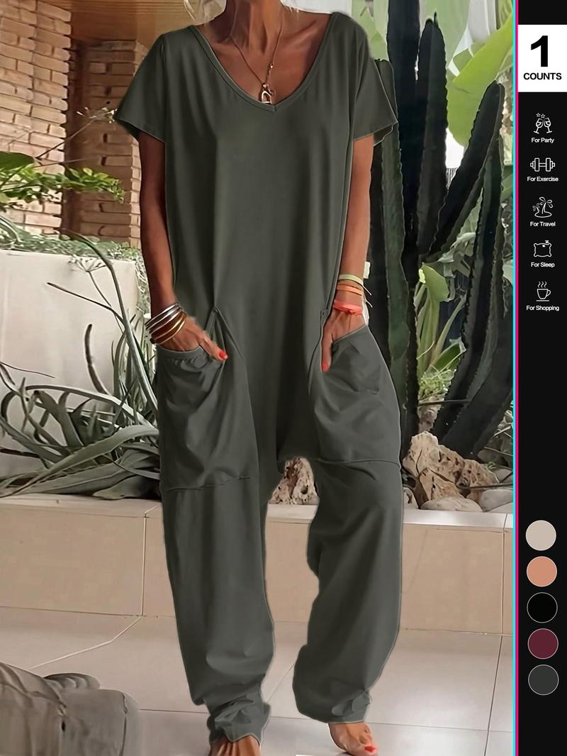 Women's Casual Jumpsuit, Short Sleeve V-Neck Design, Loose Fit Wide-Leg Romper, All Season Wear, Plain Pattern, with Pockets