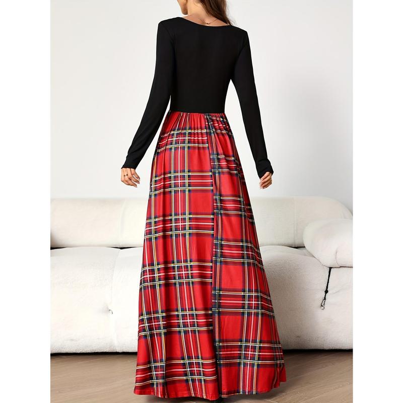 Women's Elegant Red and Black Plaid Maxi Dress - Fashionable Long Sleeve A-Line Dress - Round Neck Polyester Comfortable Fit for All Seasons - Long Sleeve Dress Casual Fabric summer outfits mom sundresses camel royal outfit Womenswear Knitted
