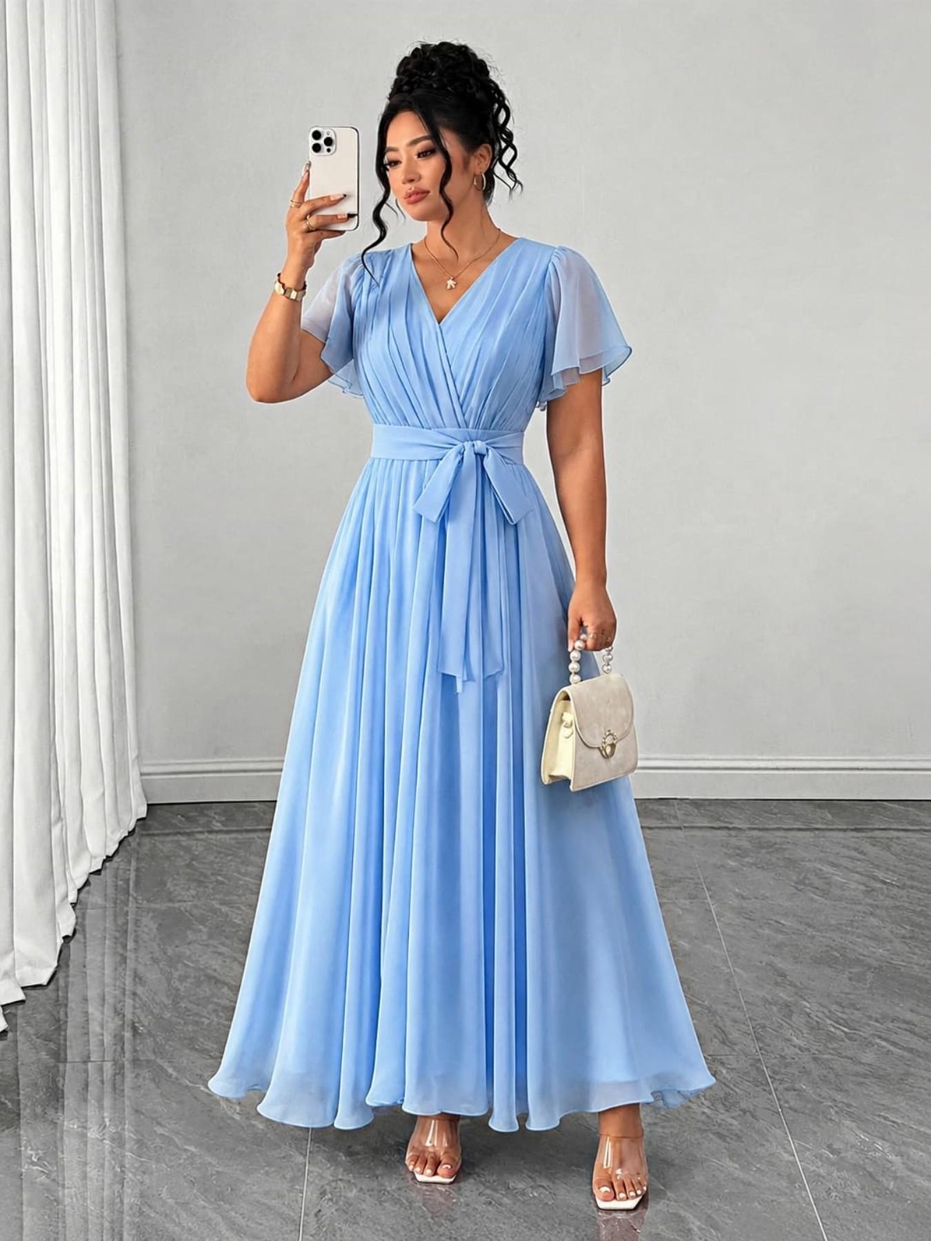 Plus Size Women's Solid A-Line Dress, Ruffle Sleeve Lightweight Flowy, Tie Waist Accentuate Curves, Elegant for Parties, Dates, Weddings, Elegance