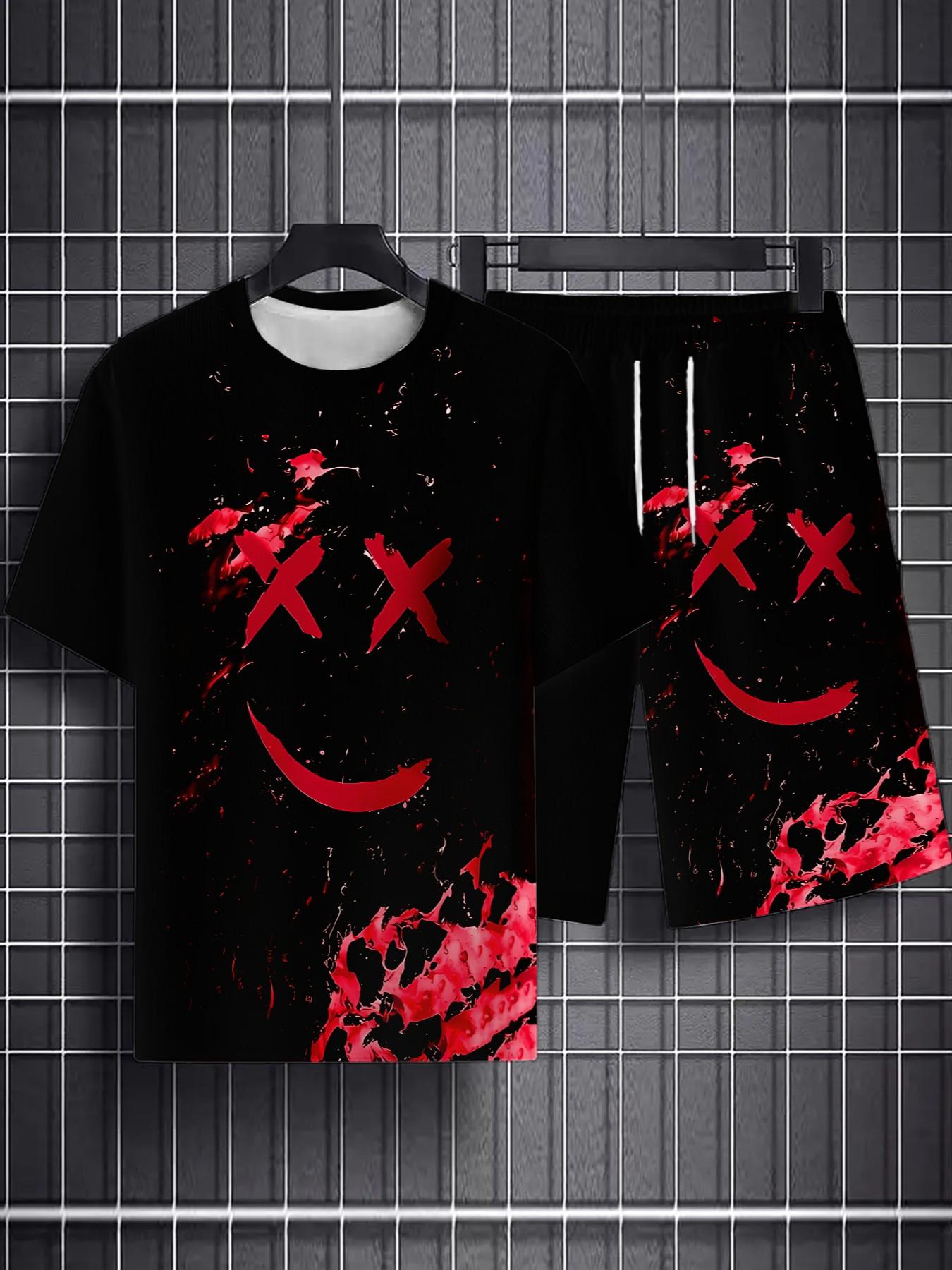 Men's Summer Gaming Set, Fitted Set, Short Sleeve Tee and Shorts, Knee-Length, Casual Slim-Fit, Print Pattern, All-Season Fashion, Menswear
