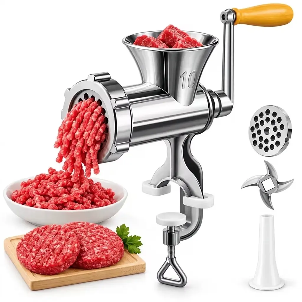 Manual Meat Grinder & Sausage Stuffer Maker, Heavy Duty Hand Crank Meat Mincer with Table Clamp, Stainless Steel Cutting Blade & Sausage Tubes for Beef, Pork, Home Kitchen
