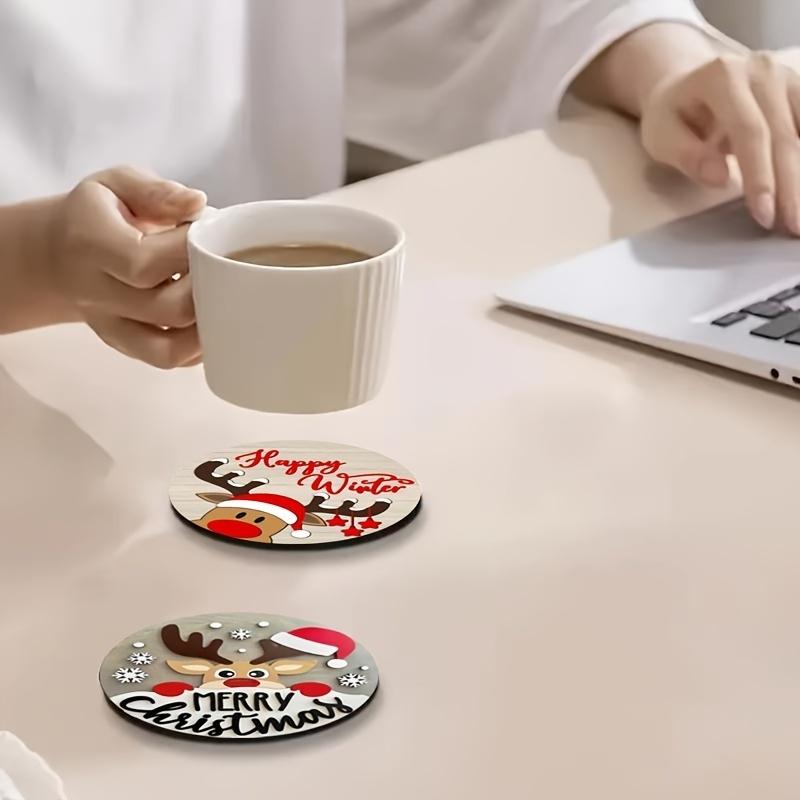 6-piece charming Christmas-style wooden coasters - round, heat-resistant and non-slip drink pads, suitable for home decoration and parties - perfect gift ideas and Christmas-themed home decor