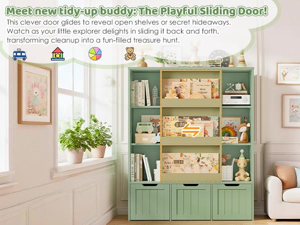 FOTOSOK Toy Storage Organizer with  8 Storage Cubbies and 2 Movable Drawers, Toy Organizer with Hidden Wheels and 3-Tier Kids Bookshelf, Multifunctional Floor Storage Chest for Playroom