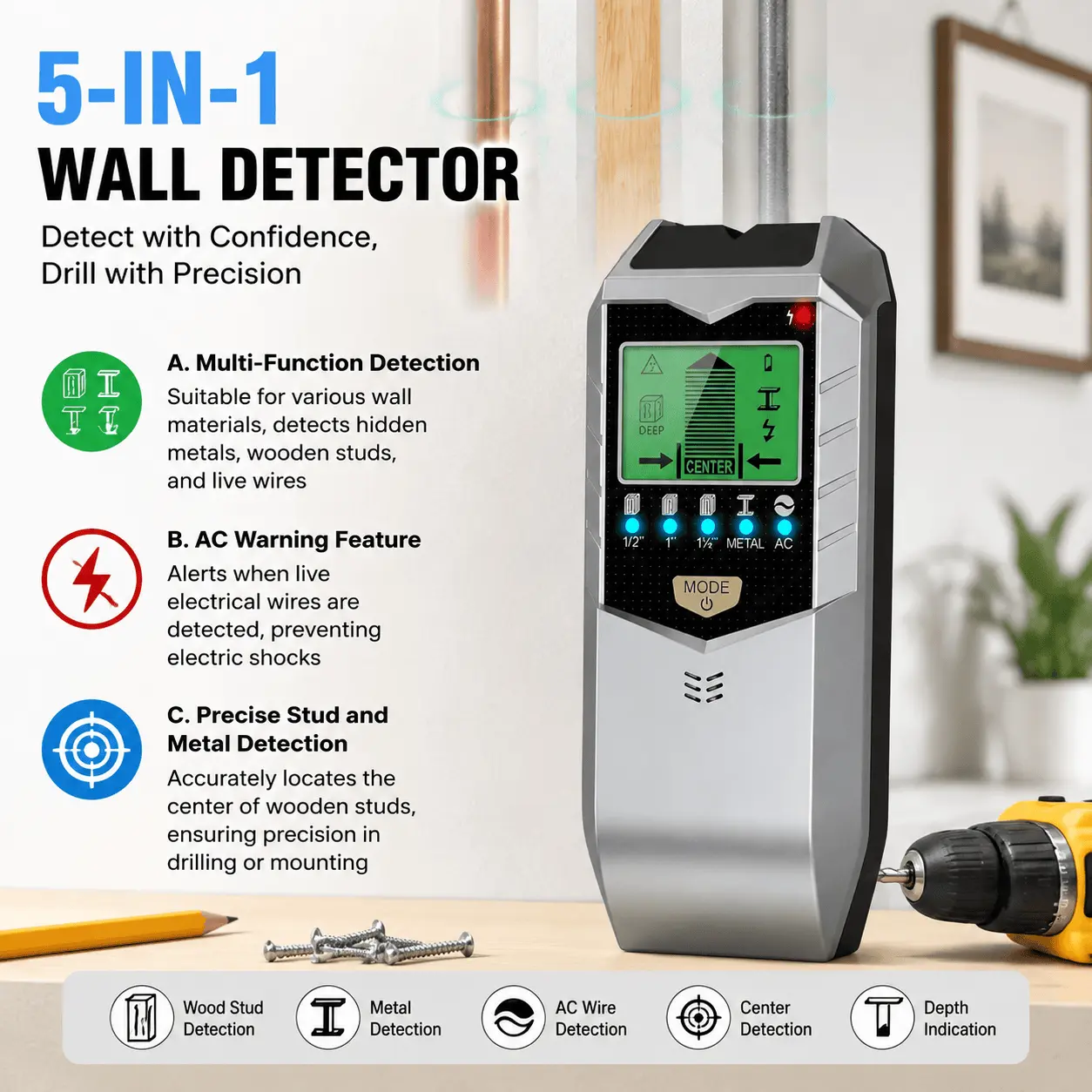 5-in-1 Wall Metal Detector, Stud Finder with LCD Display, Metal and AC Wire Detector for Wood Studs, Live Wires Detection, DIY Home Improvement and Construction Projects