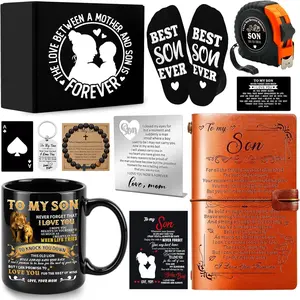 11 Pcs Son Gifts from Mom with 11 Oz Ceramic Cup, Leather Journal, Desk Decorative Sign, Socks, Tape Measure, Bracelet, Keychain for Birthday Graduation Father's Day Christmas Gift for Teens Adult