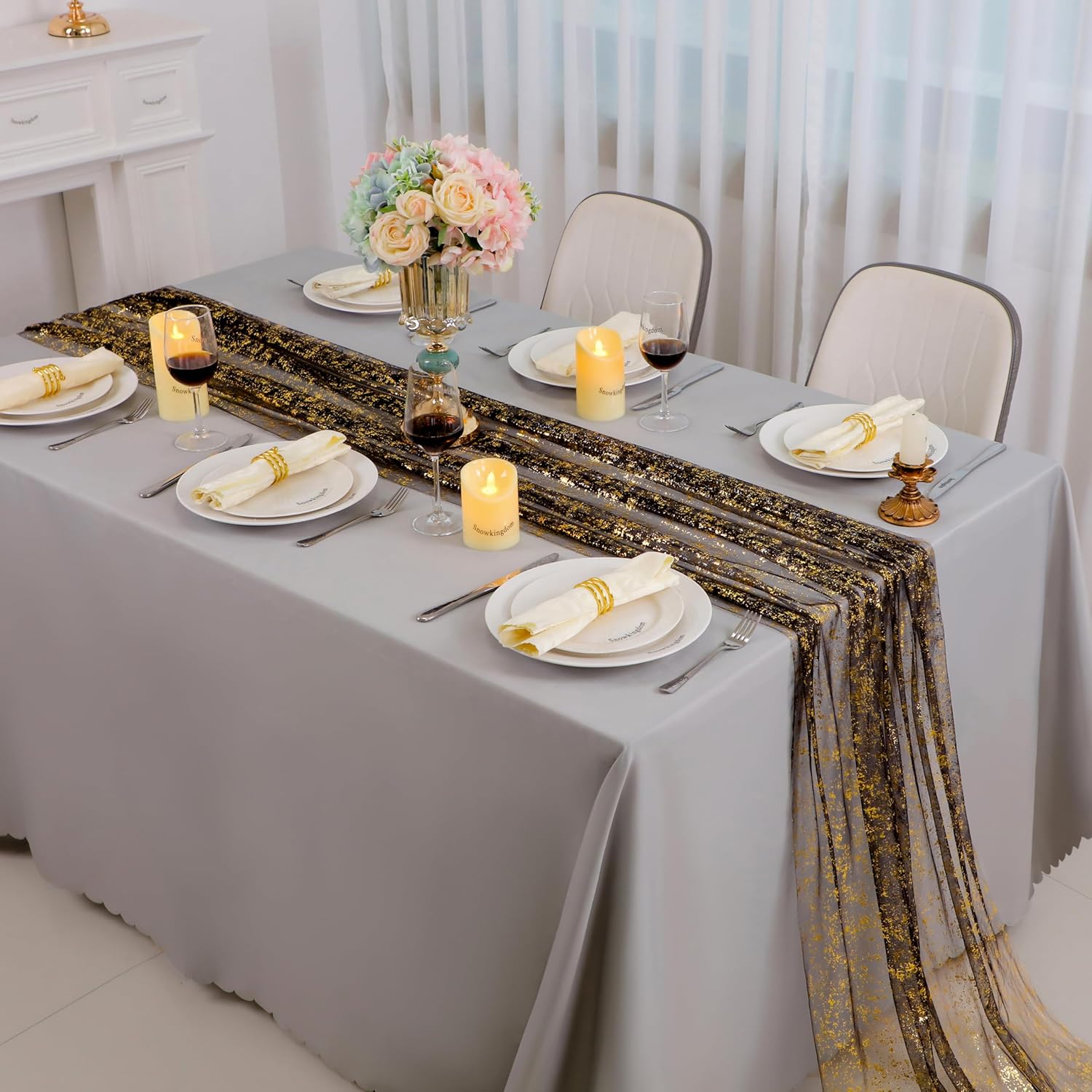 70X400CM Soft Black Gold Metallic Foil Table Runner ,Soft Sparkle Golden Foil Dining Table Decoration For Wedding Bride Shower